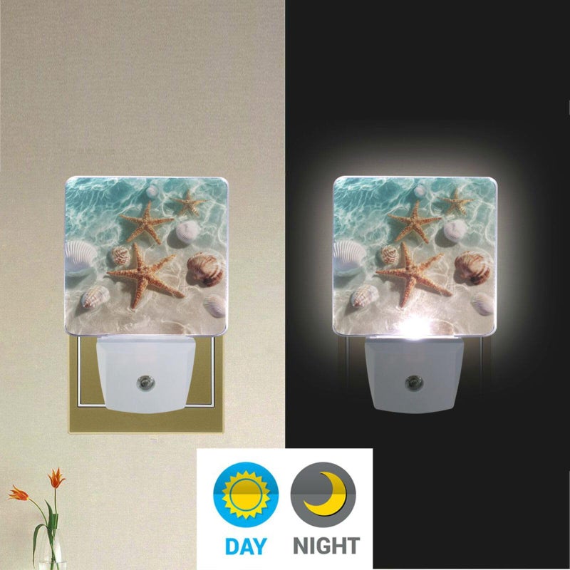 Vdsrup Summer Beach Starfishs Night Light Set of 2 Seashells Ocean Sea Plug-in LED Nightlights Auto Dusk-to-Dawn Sensor Lamp for Bedroom Bathroom Kitchen Hallway Stairs - Image 2